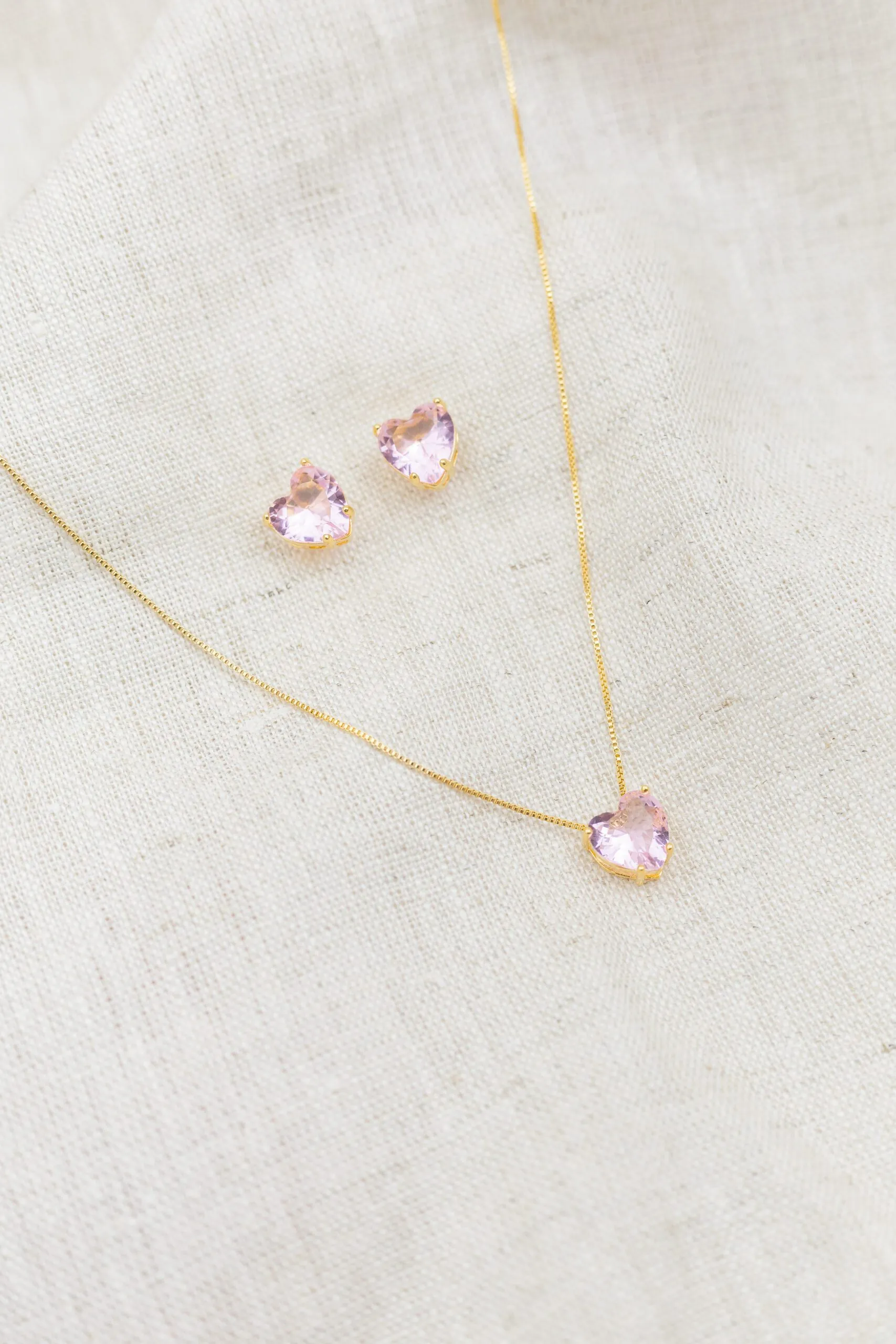 Conjunto Coração com Zircônia Rosa Banhado em Ouro 18k - Imagem 4